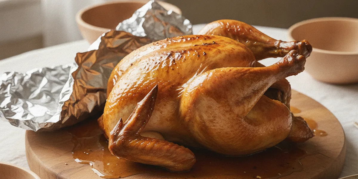 Roast Bresse chicken just out of its twenty-minute rest, foil pulled back, juices on the board
